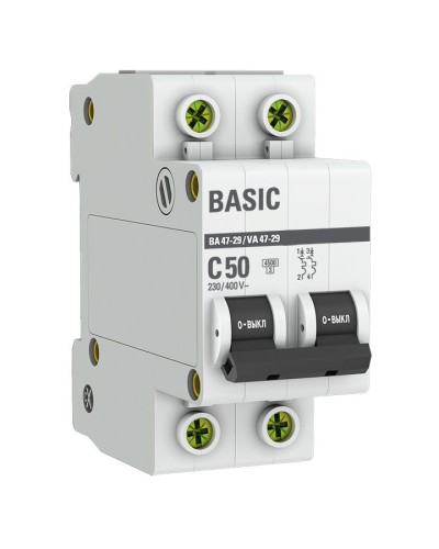 Автоматический выключатель 2P 50А (C) 4,5кА ВА 47-29 Basic (mcb4729-2-50C). Автоматический выключатель. EKF в Майкопе