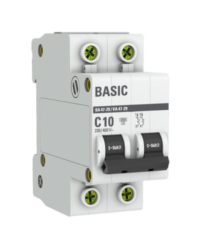 Автоматический выключатель 2P 10А (C) 4,5кА ВА 47-29 Basic (mcb4729-2-10C). Автоматический выключатель. EKF в Майкопе