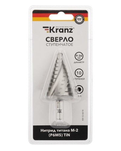 Сверло по металлу ступенчатое ТИТАН 9,0-36,0 мм 110 mm 65 HRC Р6М5 TiN Kranz (KR-12-6614): Сверло по металлу шлифованное в Майкопе
