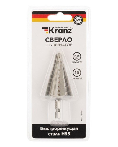 Сверло по металлу ступенчатое 9,0-36,0 мм 110 mm 62 HRC Kranz (KR-12-6604): Сверло по металлу шлифованное в Майкопе