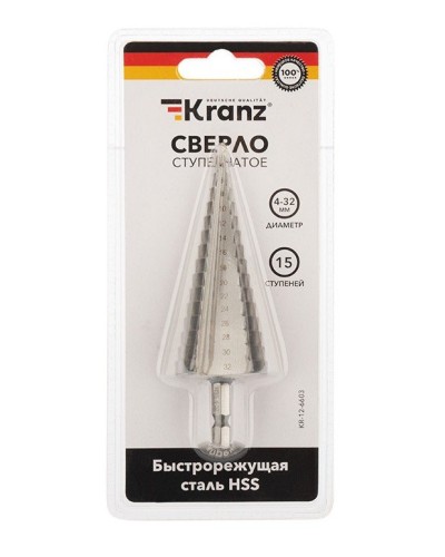 Сверло по металлу ступенчатое 4,0-32,0 мм 102 mm 62 HRC Kranz (KR-12-6603): Сверло по металлу шлифованное в Майкопе