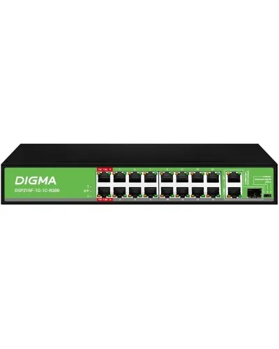 DSP216F-1G-1C-R300 (L2) 16х100Мбит/с 1х1Гбит/с 1хКомбо(1000BASE-T/SFP) 16PoE 16PoE+ 2PoE++ 300W. Коммутатор с питанием по PoE. Digma в Майкопе