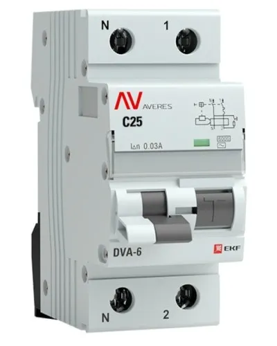 DVA-6 1P+N 25А (C) 30мА (AC) 6кА  AVERES (rcbo6-1pn-25C-30-ac-av). Автоматический выключатель дифференциального тока. EKF в Майкопе