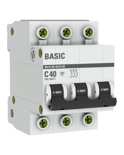 Автоматический выключатель 3P 40А (C) 4,5кА ВА 47-29 Basic (mcb4729-3-40C). Автоматический выключатель. EKF в Майкопе