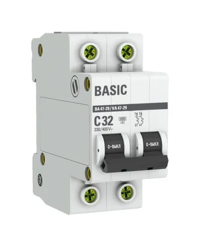 Автоматический выключатель 2P 32А (C) 4,5кА ВА 47-29 Basic (mcb4729-2-32C): Автоматический выключатель в Майкопе