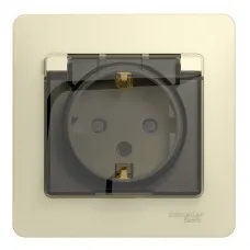 Glossa розетка 1-местная, в сборе, с заземлением со шторками с крышкой, IP44, скрытой установки, бежевый (GSL000248). Розетка с крышкой. Systeme Electric